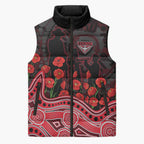 Essendon Bombers ANZAC Day Sleeveless Puffer Jacket Indigenous Dot Art with Poppy Flower Tribute