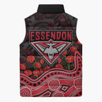 Essendon Bombers ANZAC Day Sleeveless Puffer Jacket Indigenous Dot Art with Poppy Flower Tribute