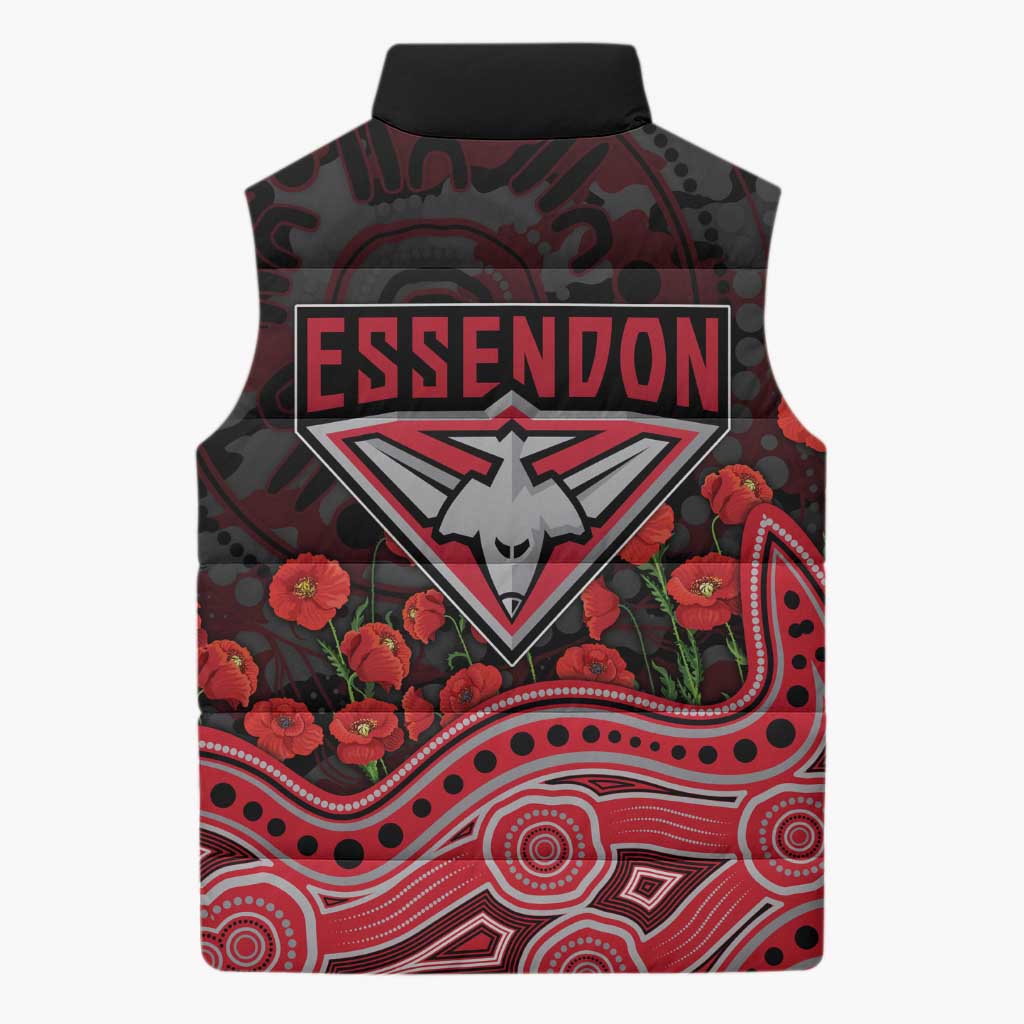 Essendon Bombers ANZAC Day Sleeveless Puffer Jacket Indigenous Dot Art with Poppy Flower Tribute