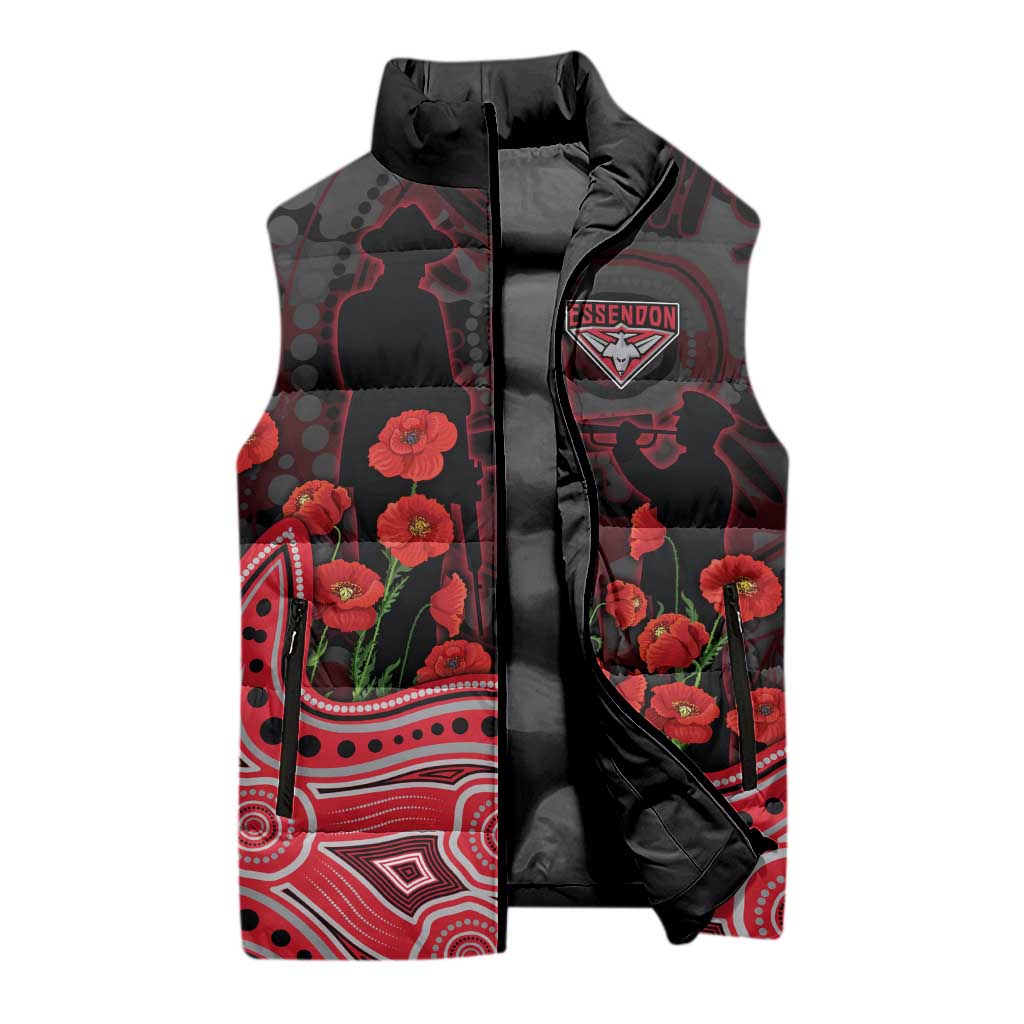 Essendon Bombers ANZAC Day Sleeveless Puffer Jacket Indigenous Dot Art with Poppy Flower Tribute