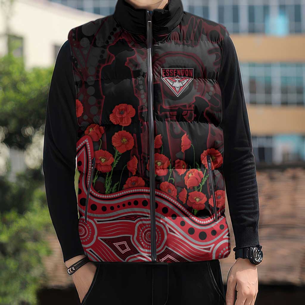 Essendon Bombers ANZAC Day Sleeveless Puffer Jacket Indigenous Dot Art with Poppy Flower Tribute