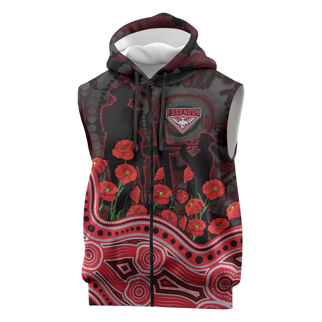 Essendon Bombers ANZAC Day Sleeveless Zip Hoodie Indigenous Dot Art with Poppy Flower Tribute