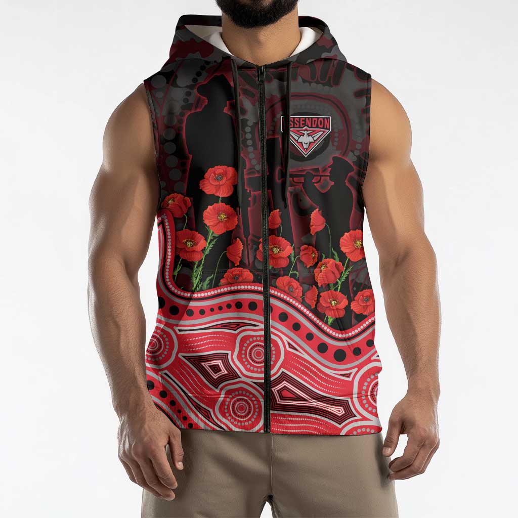 Essendon Bombers ANZAC Day Sleeveless Zip Hoodie Indigenous Dot Art with Poppy Flower Tribute