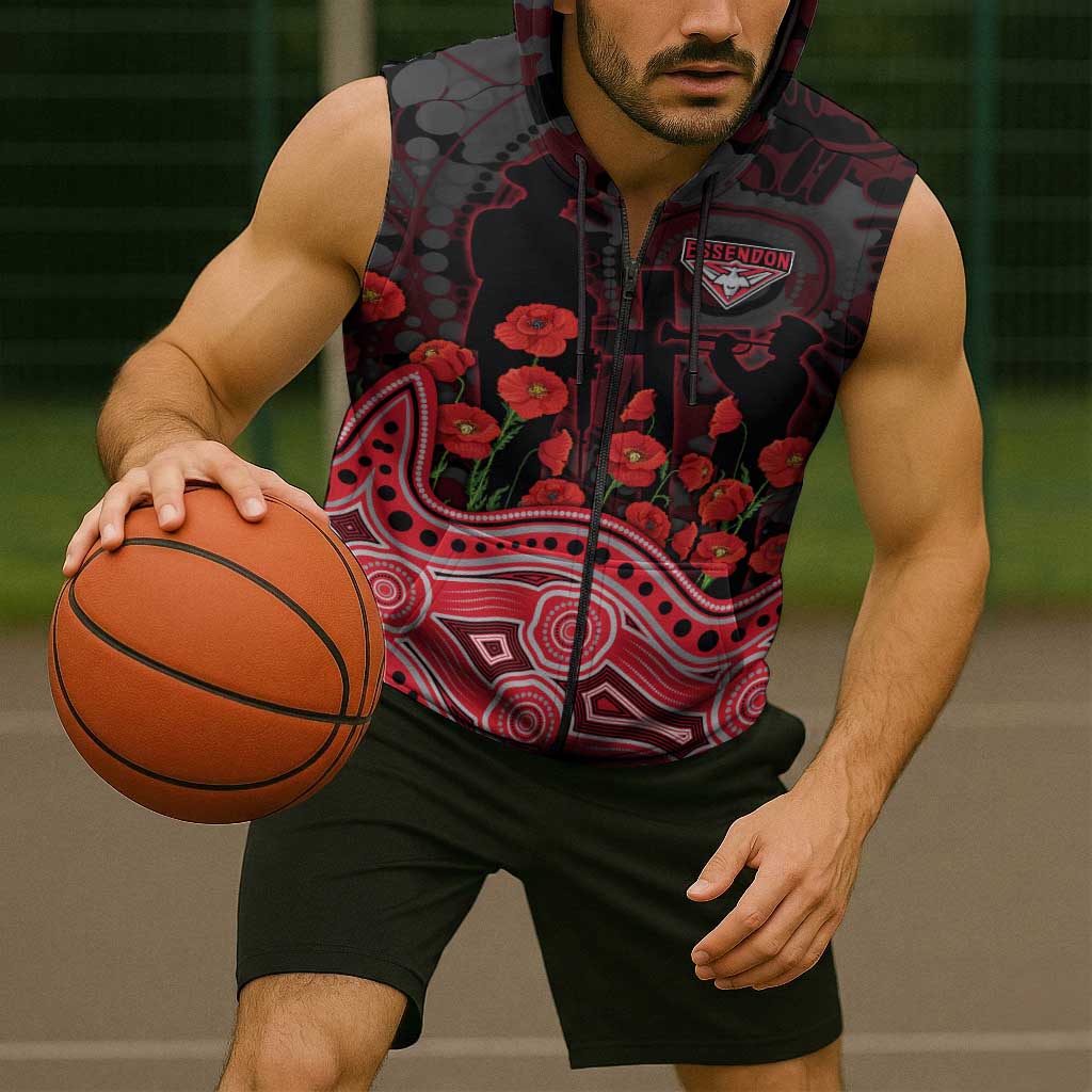 Essendon Bombers ANZAC Day Sleeveless Zip Hoodie Indigenous Dot Art with Poppy Flower Tribute