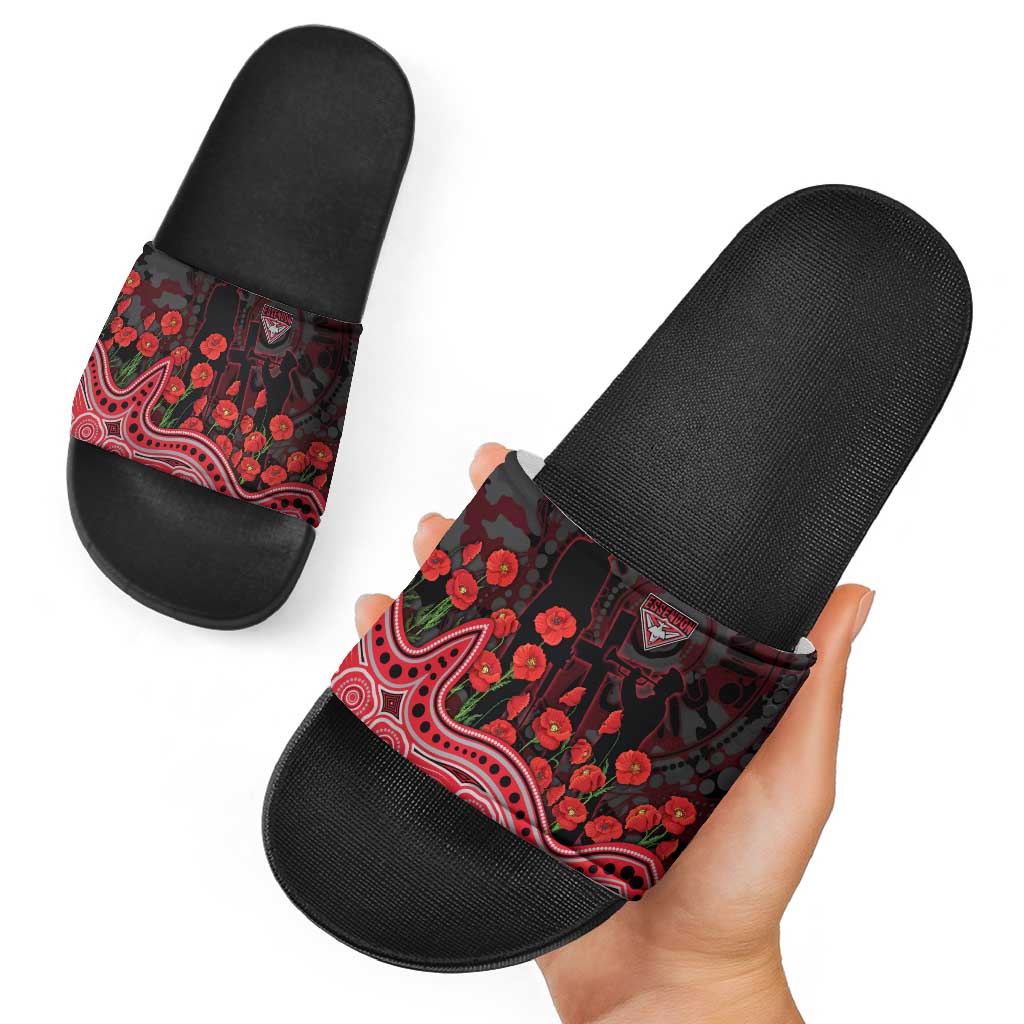 Essendon Bombers ANZAC Day Slide Sandals Indigenous Dot Art with Poppy Flower Tribute