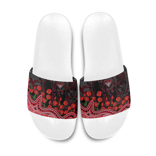 Essendon Bombers ANZAC Day Slide Sandals Indigenous Dot Art with Poppy Flower Tribute