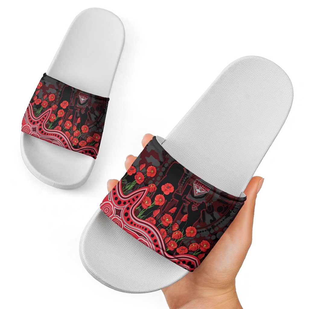 Essendon Bombers ANZAC Day Slide Sandals Indigenous Dot Art with Poppy Flower Tribute