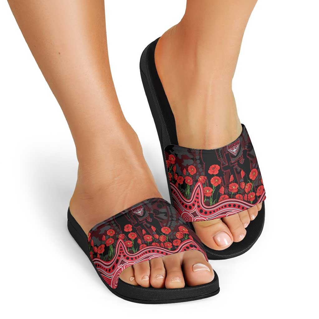 Essendon Bombers ANZAC Day Slide Sandals Indigenous Dot Art with Poppy Flower Tribute