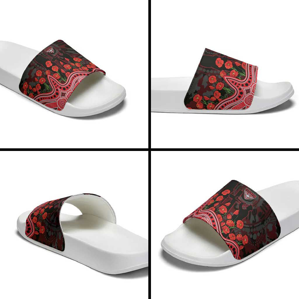 Essendon Bombers ANZAC Day Slide Sandals Indigenous Dot Art with Poppy Flower Tribute