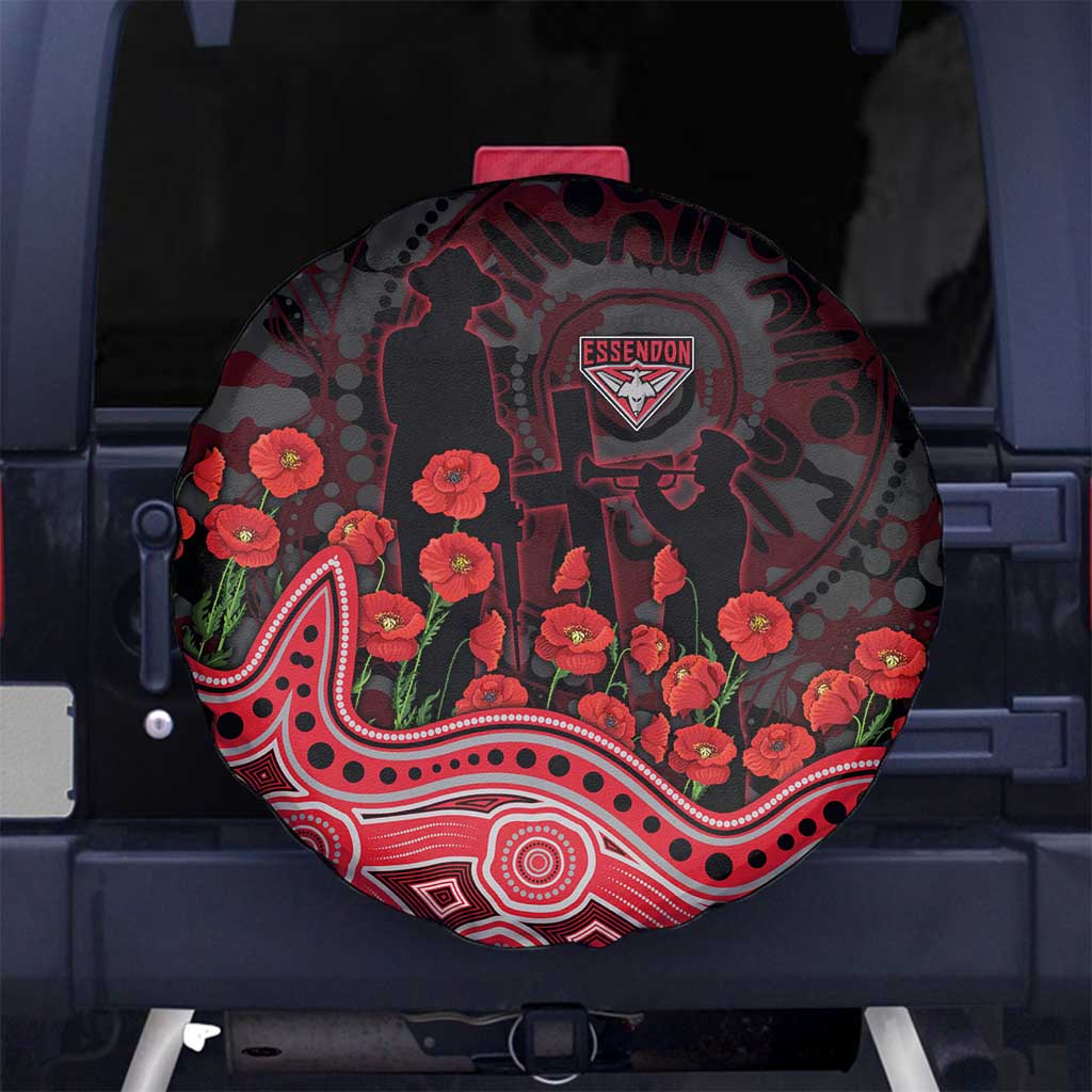 Essendon Bombers ANZAC Day Spare Tire Cover Indigenous Dot Art with Poppy Flower Tribute