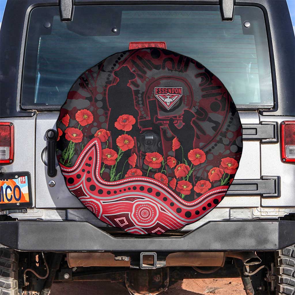 Essendon Bombers ANZAC Day Spare Tire Cover Indigenous Dot Art with Poppy Flower Tribute