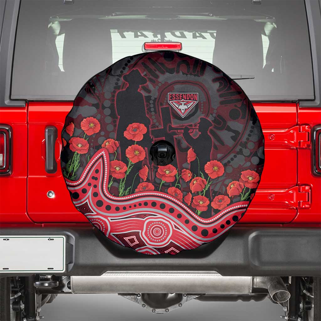 Essendon Bombers ANZAC Day Spare Tire Cover Indigenous Dot Art with Poppy Flower Tribute