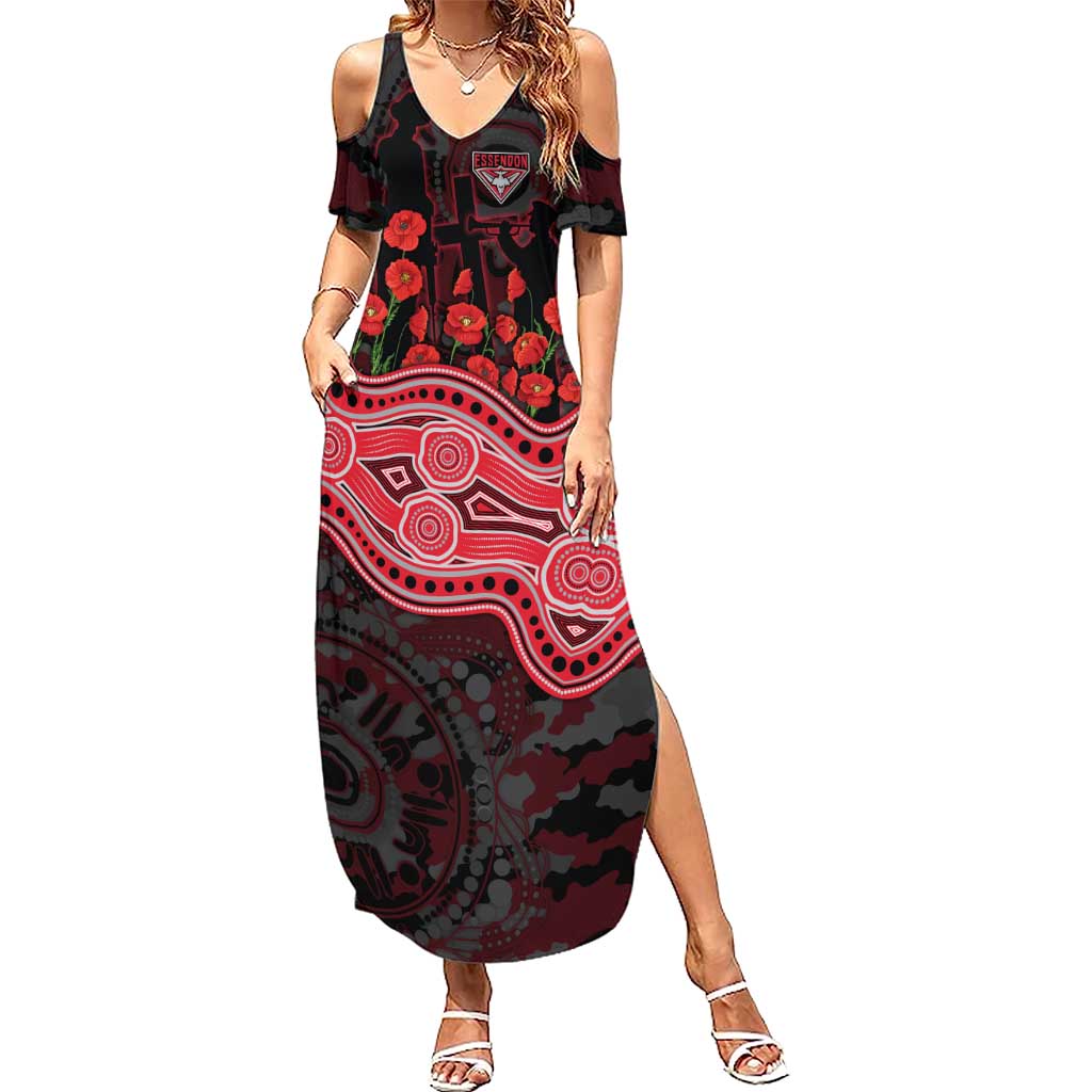 Essendon Bombers ANZAC Day Summer Maxi Dress Indigenous Dot Art with Poppy Flower Tribute