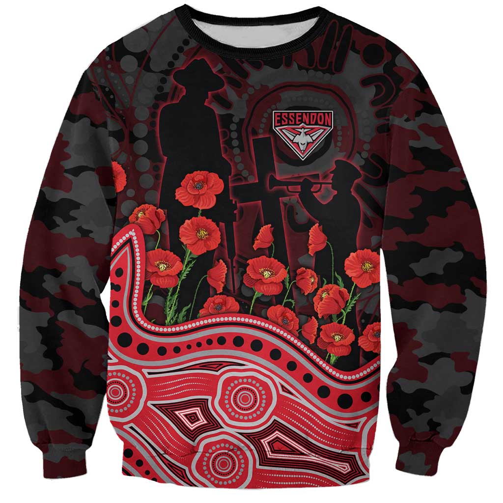 Essendon Bombers ANZAC Day Sweatshirt Indigenous Dot Art with Poppy Flower Tribute