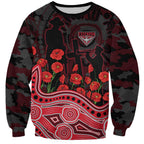Essendon Bombers ANZAC Day Sweatshirt Indigenous Dot Art with Poppy Flower Tribute