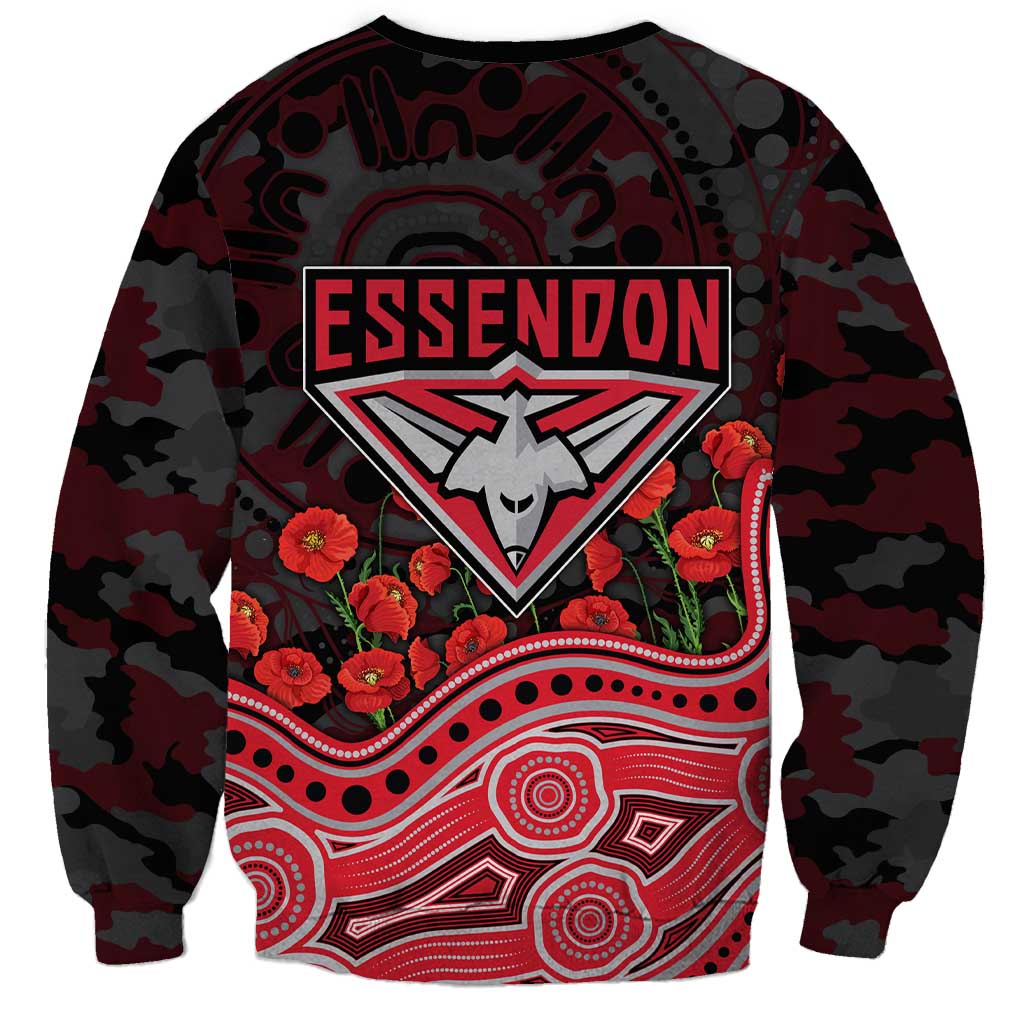 Essendon Bombers ANZAC Day Sweatshirt Indigenous Dot Art with Poppy Flower Tribute