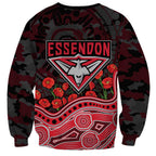 Essendon Bombers ANZAC Day Sweatshirt Indigenous Dot Art with Poppy Flower Tribute