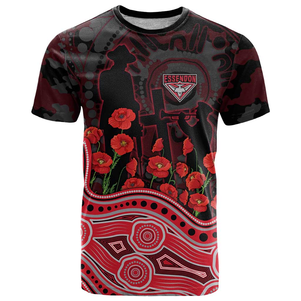 Essendon Bombers ANZAC Day T Shirt Indigenous Dot Art with Poppy Flower Tribute