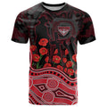 Essendon Bombers ANZAC Day T Shirt Indigenous Dot Art with Poppy Flower Tribute