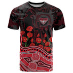 Essendon Bombers ANZAC Day T Shirt Indigenous Dot Art with Poppy Flower Tribute