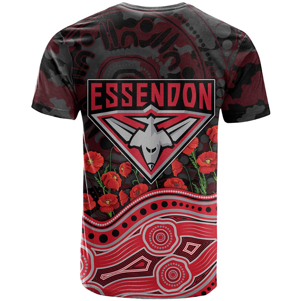 Essendon Bombers ANZAC Day T Shirt Indigenous Dot Art with Poppy Flower Tribute