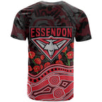 Essendon Bombers ANZAC Day T Shirt Indigenous Dot Art with Poppy Flower Tribute