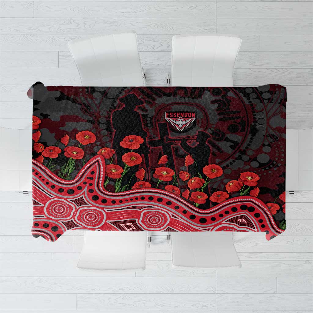 Essendon Bombers ANZAC Day Tablecloth Indigenous Dot Art with Poppy Flower Tribute