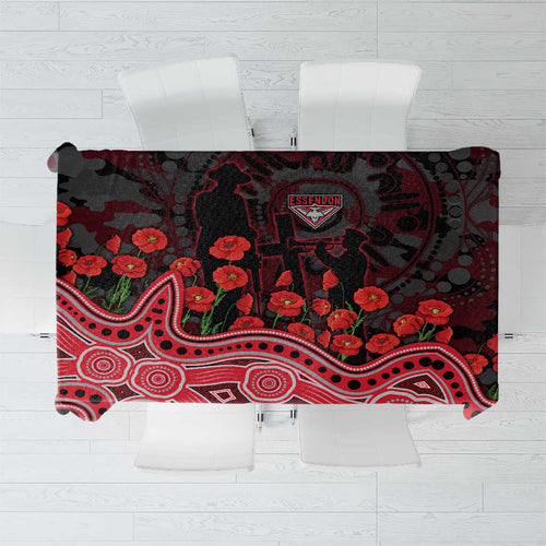 Essendon Bombers ANZAC Day Tablecloth Indigenous Dot Art with Poppy Flower Tribute