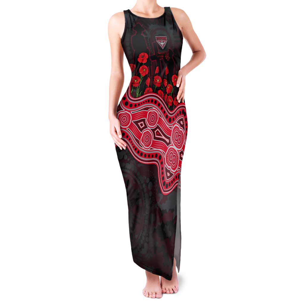 Essendon Bombers ANZAC Day Tank Maxi Dress Indigenous Dot Art with Poppy Flower Tribute
