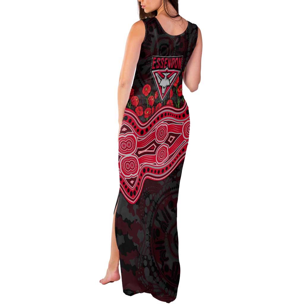Essendon Bombers ANZAC Day Tank Maxi Dress Indigenous Dot Art with Poppy Flower Tribute