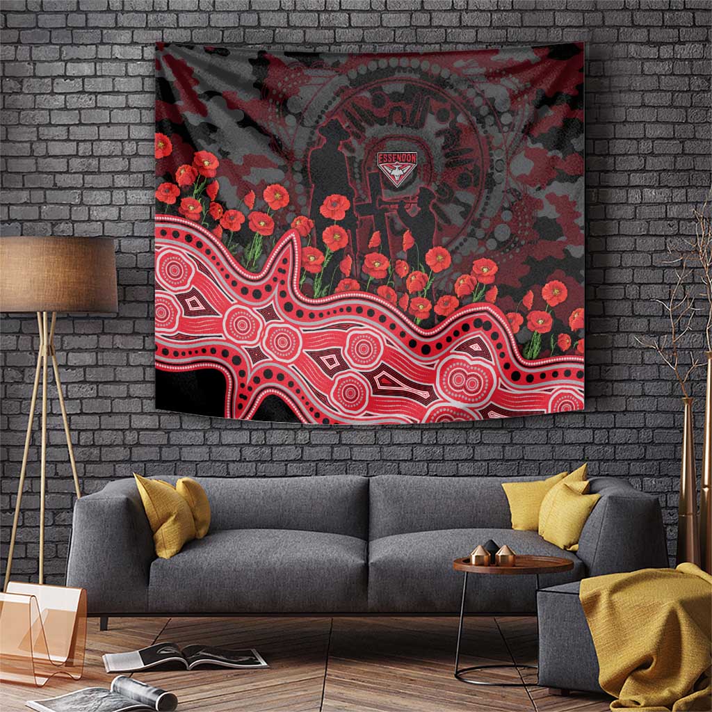 Essendon Bombers ANZAC Day Tapestry Indigenous Dot Art with Poppy Flower Tribute