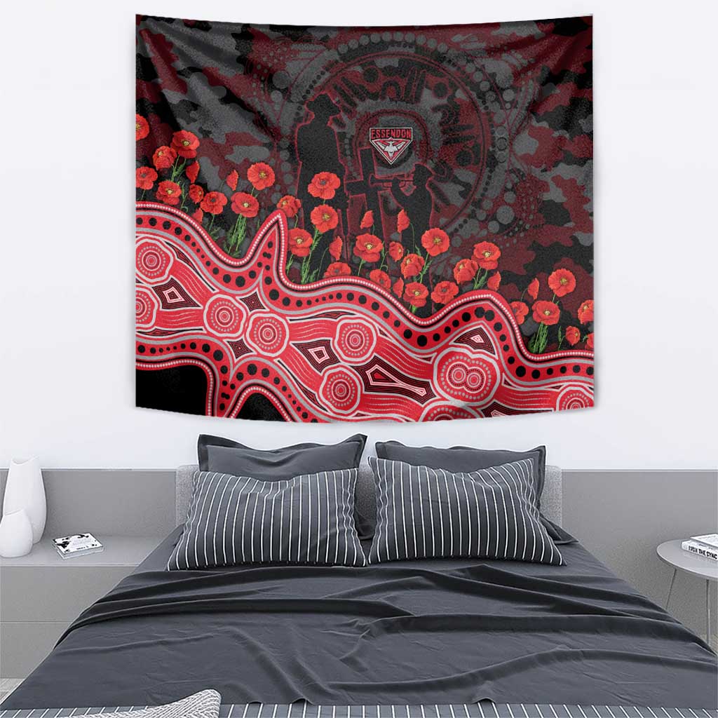 Essendon Bombers ANZAC Day Tapestry Indigenous Dot Art with Poppy Flower Tribute