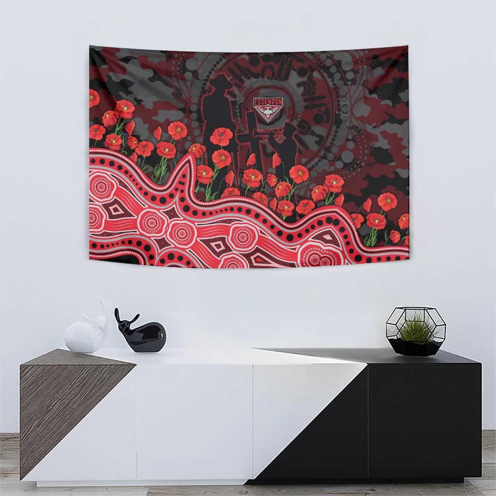 Essendon Bombers ANZAC Day Tapestry Indigenous Dot Art with Poppy Flower Tribute