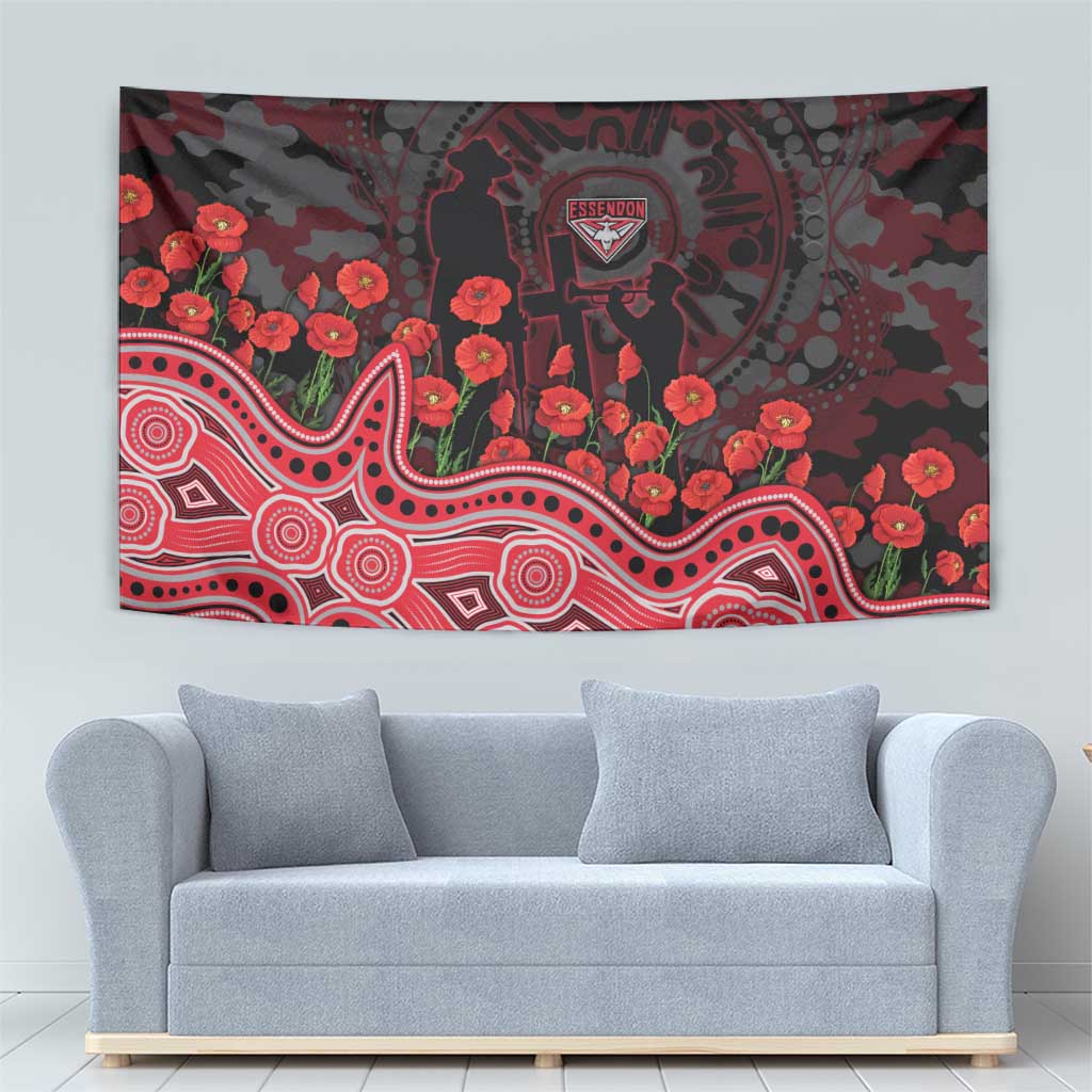 Essendon Bombers ANZAC Day Tapestry Indigenous Dot Art with Poppy Flower Tribute