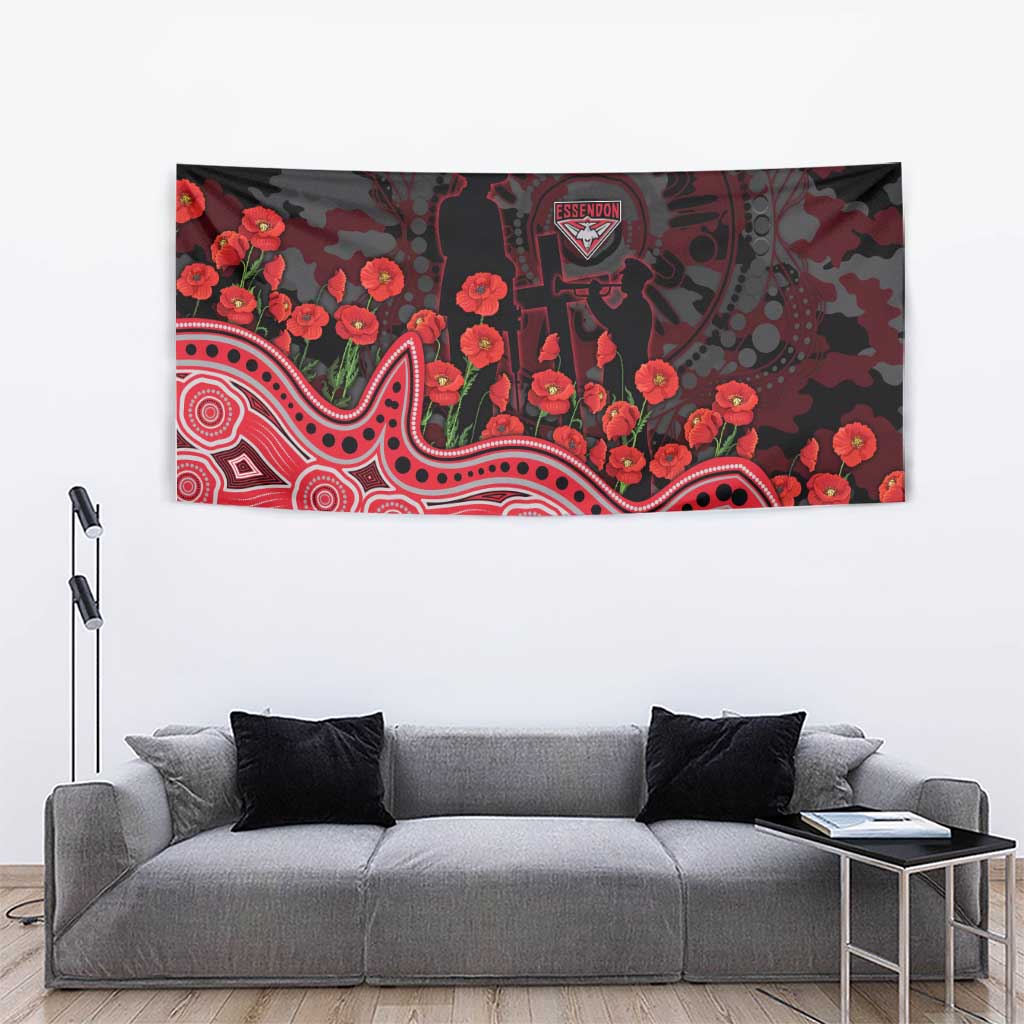 Essendon Bombers ANZAC Day Tapestry Indigenous Dot Art with Poppy Flower Tribute