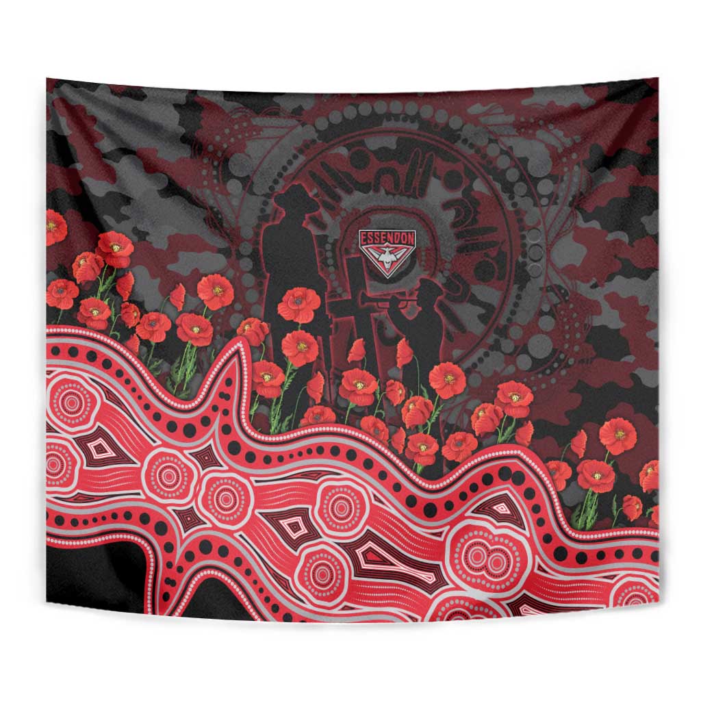 Essendon Bombers ANZAC Day Tapestry Indigenous Dot Art with Poppy Flower Tribute
