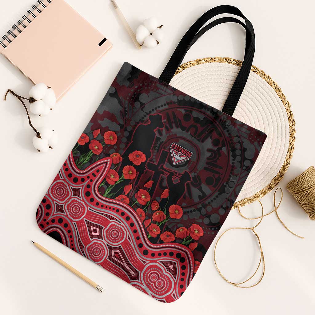 Essendon Bombers ANZAC Day Tote Bag Indigenous Dot Art with Poppy Flower Tribute