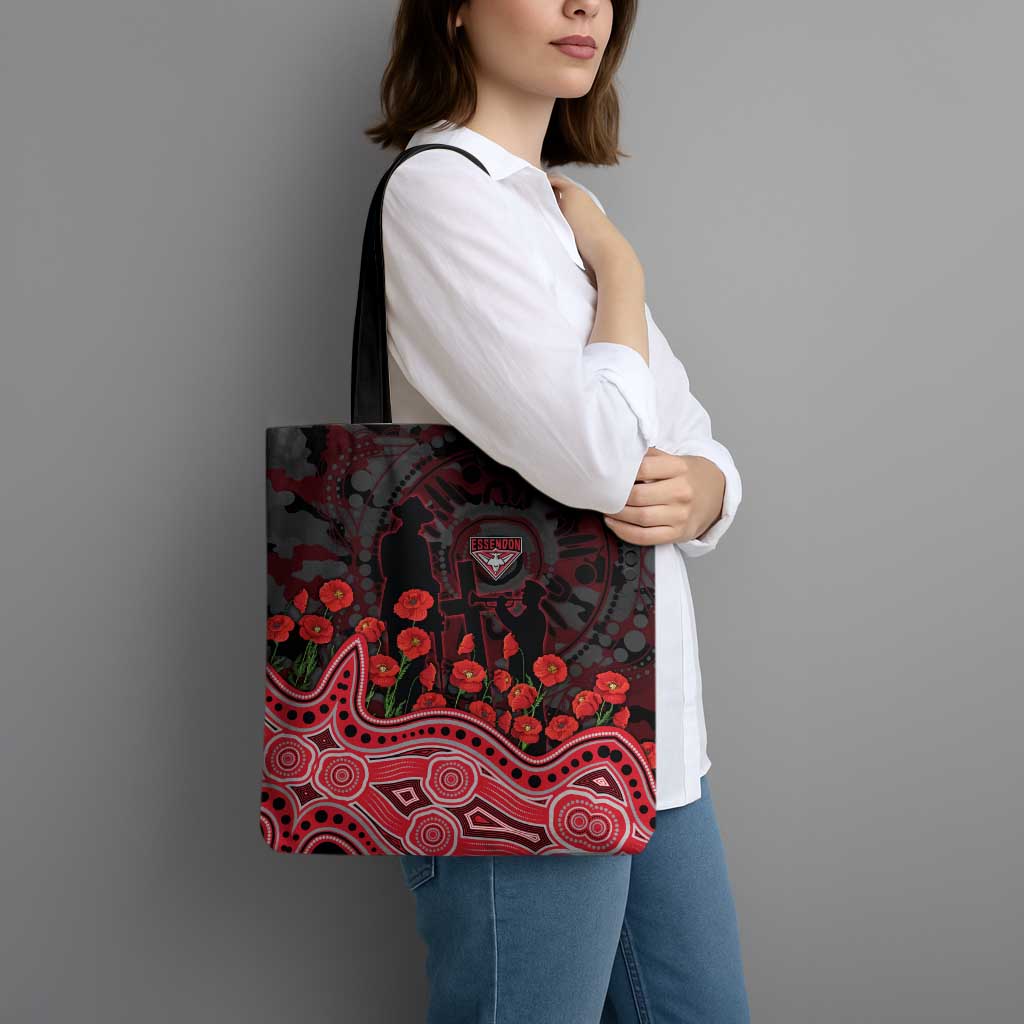 Essendon Bombers ANZAC Day Tote Bag Indigenous Dot Art with Poppy Flower Tribute