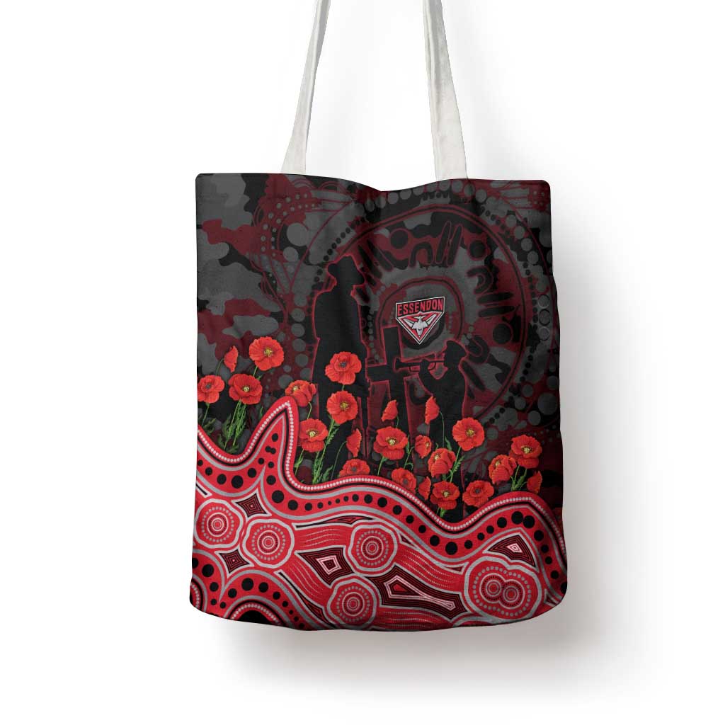 Essendon Bombers ANZAC Day Tote Bag Indigenous Dot Art with Poppy Flower Tribute