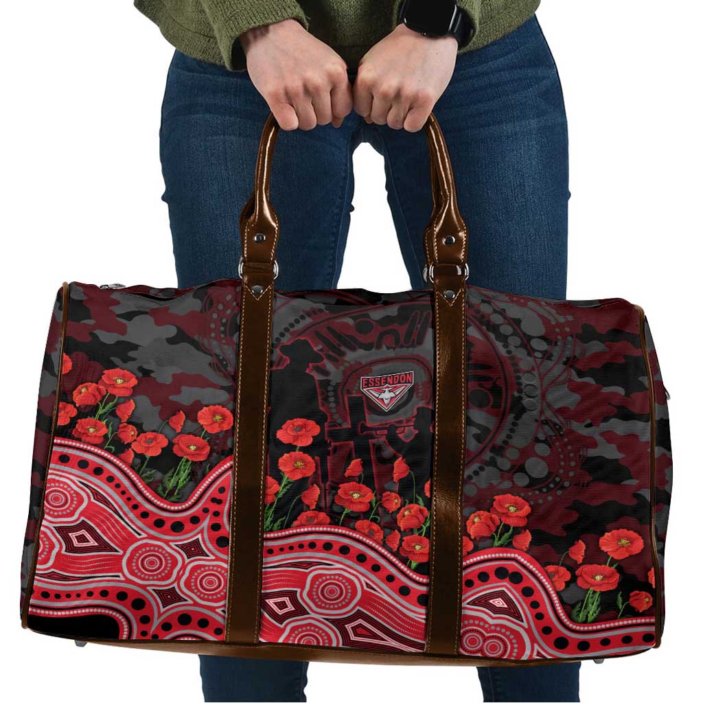 Essendon Bombers ANZAC Day Travel Bag Indigenous Dot Art with Poppy Flower Tribute