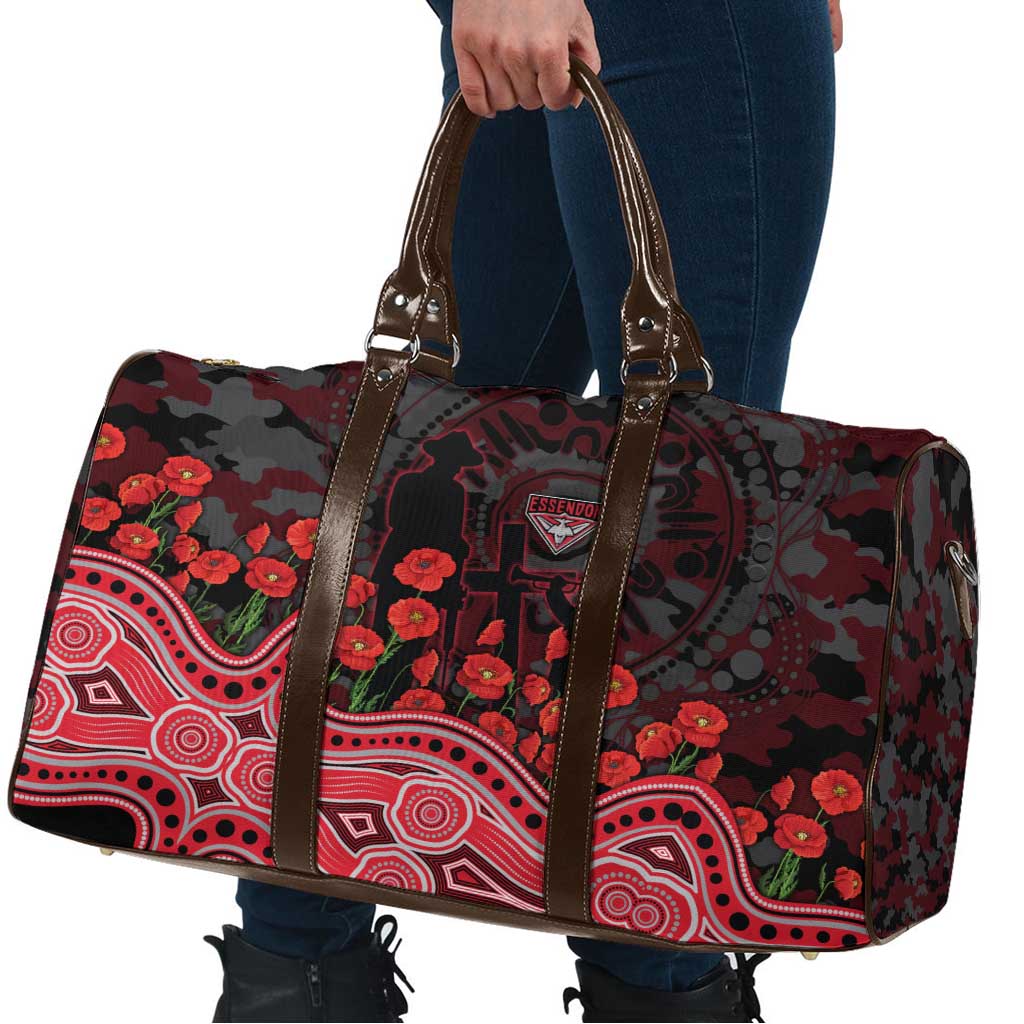 Essendon Bombers ANZAC Day Travel Bag Indigenous Dot Art with Poppy Flower Tribute