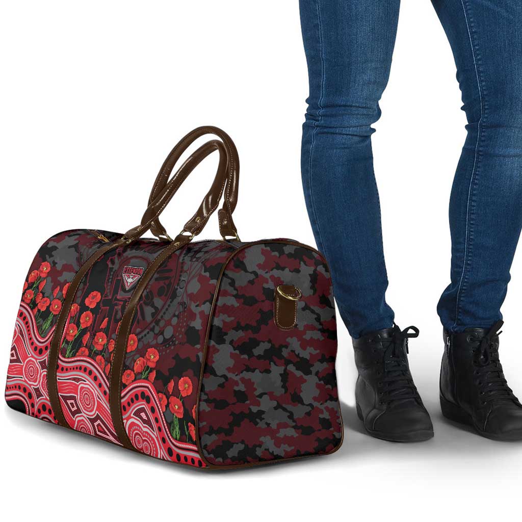 Essendon Bombers ANZAC Day Travel Bag Indigenous Dot Art with Poppy Flower Tribute