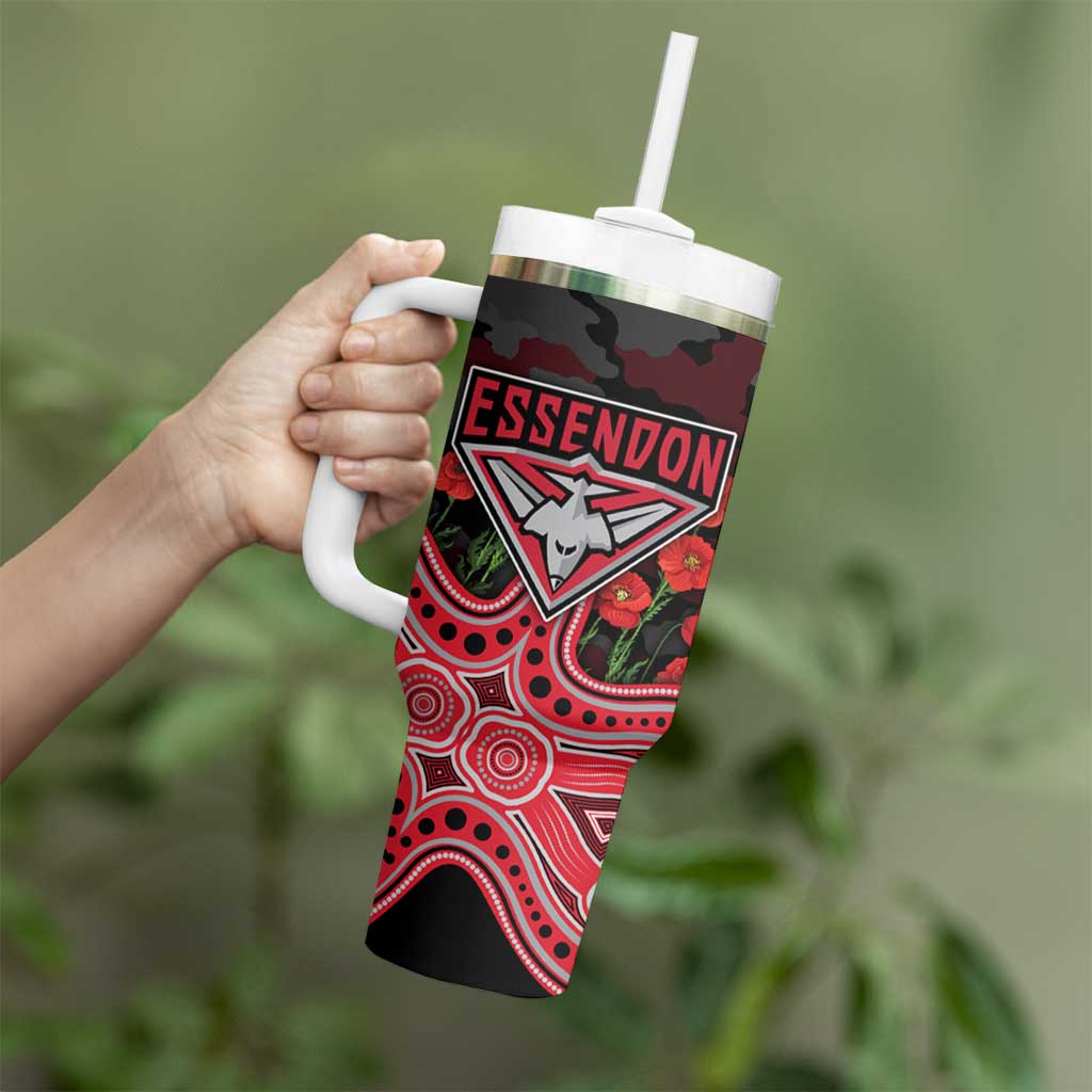 Essendon Bombers ANZAC Day Tumbler With Handle Indigenous Dot Art with Poppy Flower Tribute