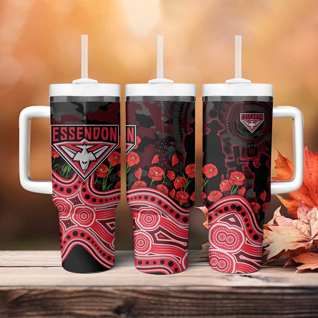 Essendon Bombers ANZAC Day Tumbler With Handle Indigenous Dot Art with Poppy Flower Tribute