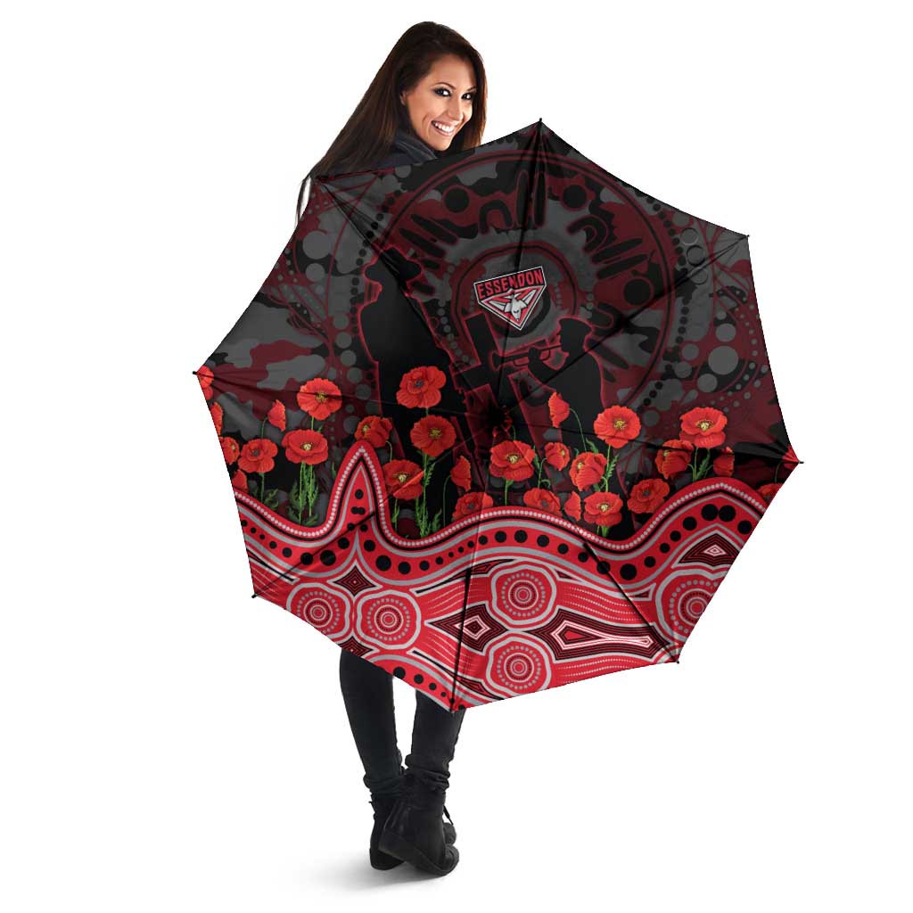 Essendon Bombers ANZAC Day Umbrella Indigenous Dot Art with Poppy Flower Tribute