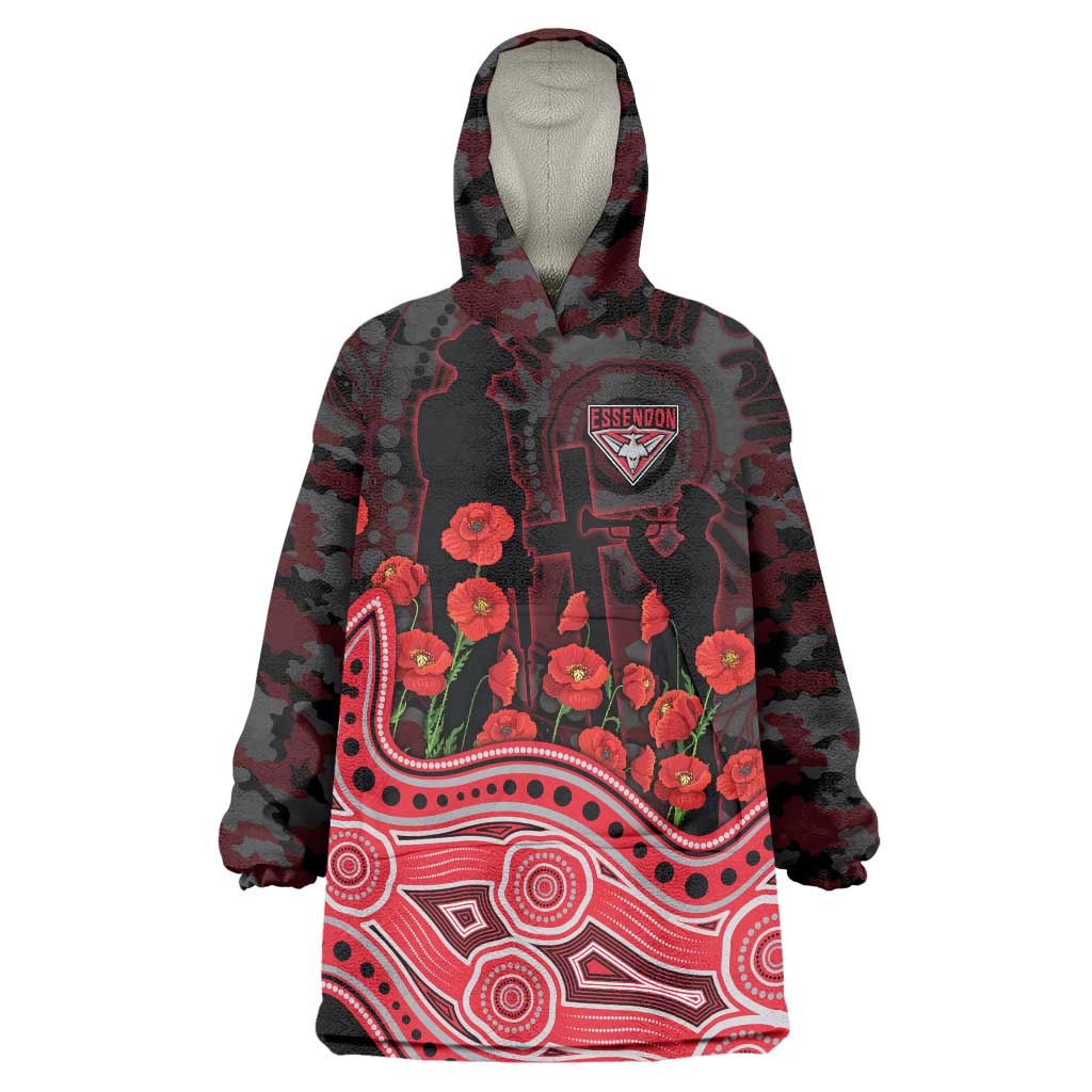 Essendon Bombers ANZAC Day Wearable Blanket Hoodie Indigenous Dot Art with Poppy Flower Tribute