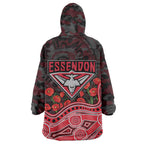 Essendon Bombers ANZAC Day Wearable Blanket Hoodie Indigenous Dot Art with Poppy Flower Tribute