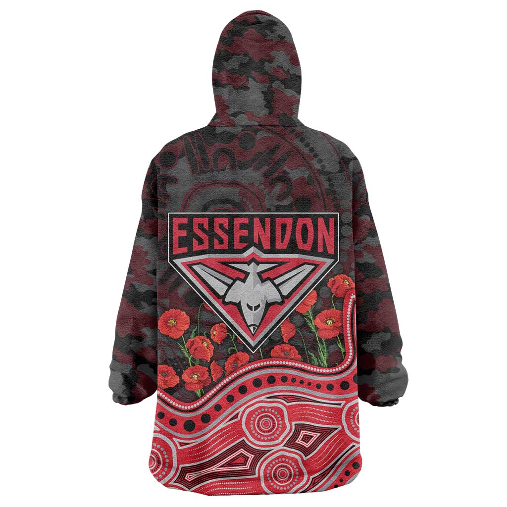 Essendon Bombers ANZAC Day Wearable Blanket Hoodie Indigenous Dot Art with Poppy Flower Tribute