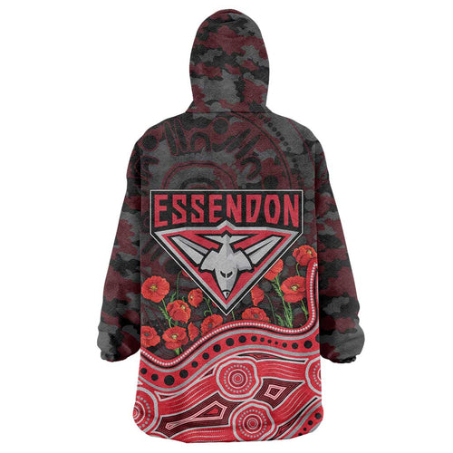 Essendon Bombers ANZAC Day Wearable Blanket Hoodie Indigenous Dot Art with Poppy Flower Tribute