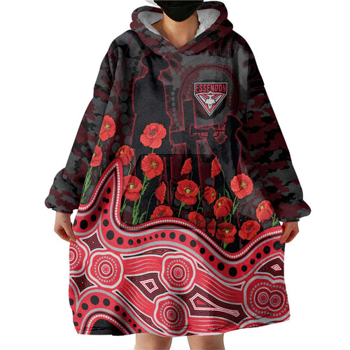 Essendon Bombers ANZAC Day Wearable Blanket Hoodie Indigenous Dot Art with Poppy Flower Tribute